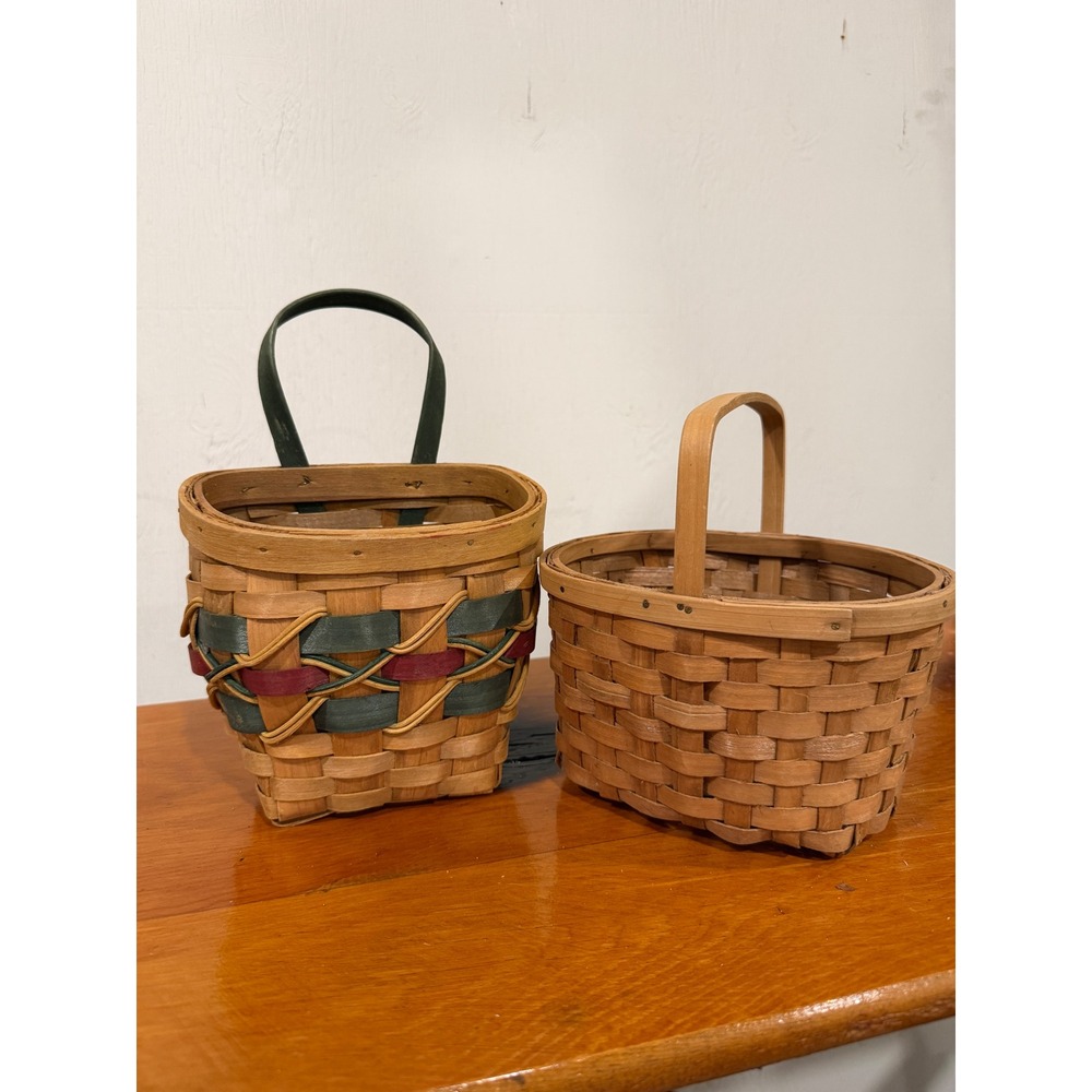 Vintage Woven Wood Splint Baskets Set of 2 Farmhouse Hanging Pocket Oval Handle